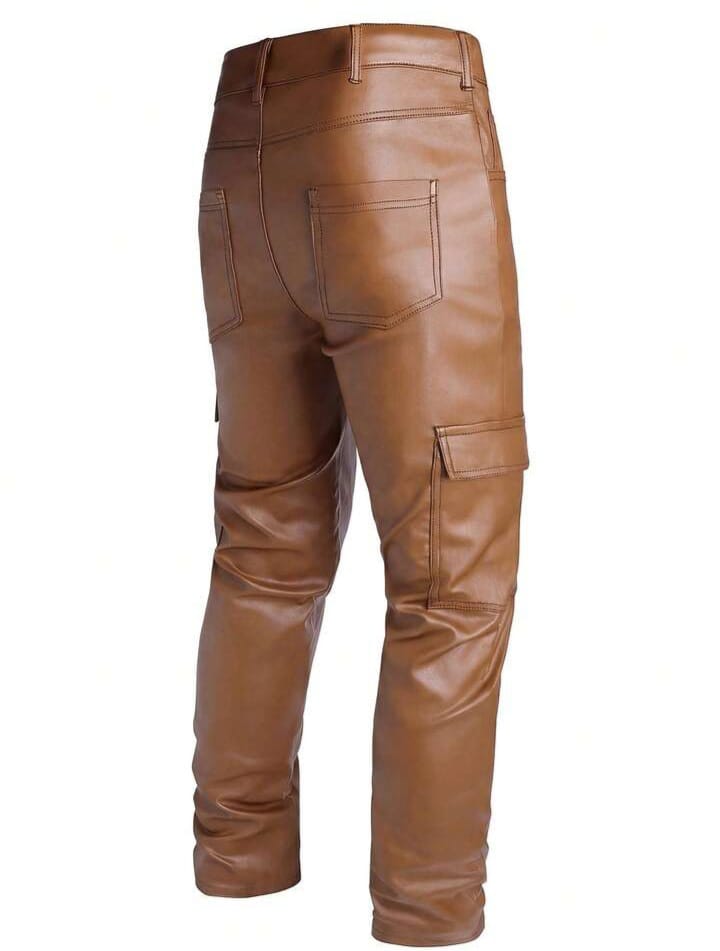 Men's Versatile Solid Color Casual Trousers Pants Brown Leather Pants